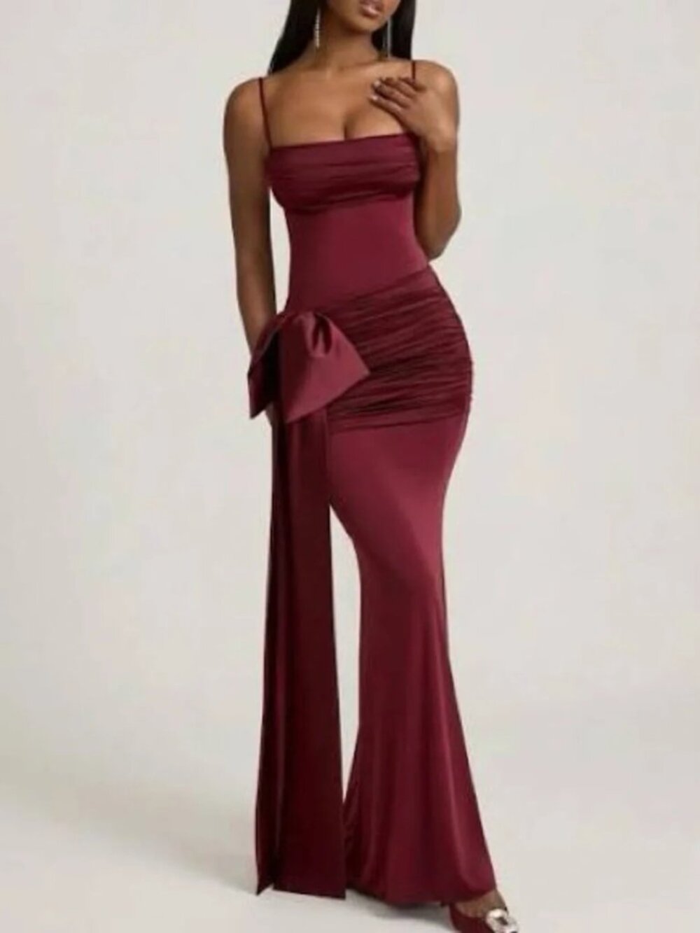 Oh Polly Bow-Detail Buched Maxi Dress in Wine Red